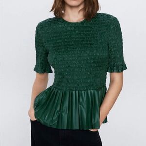 Zara Ruched Faux Leather Top in Green